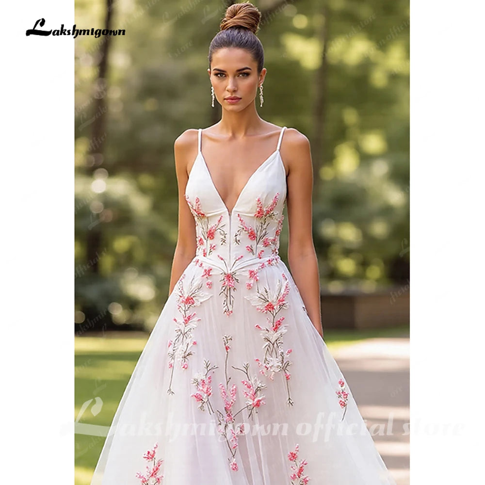 Lakshmigown Pink Floral V Neck Spaghetti Straps Wedding Dress Custom