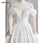 Customized Off Shoulder Crepe Satin A Line Floor Length Wedding Dress