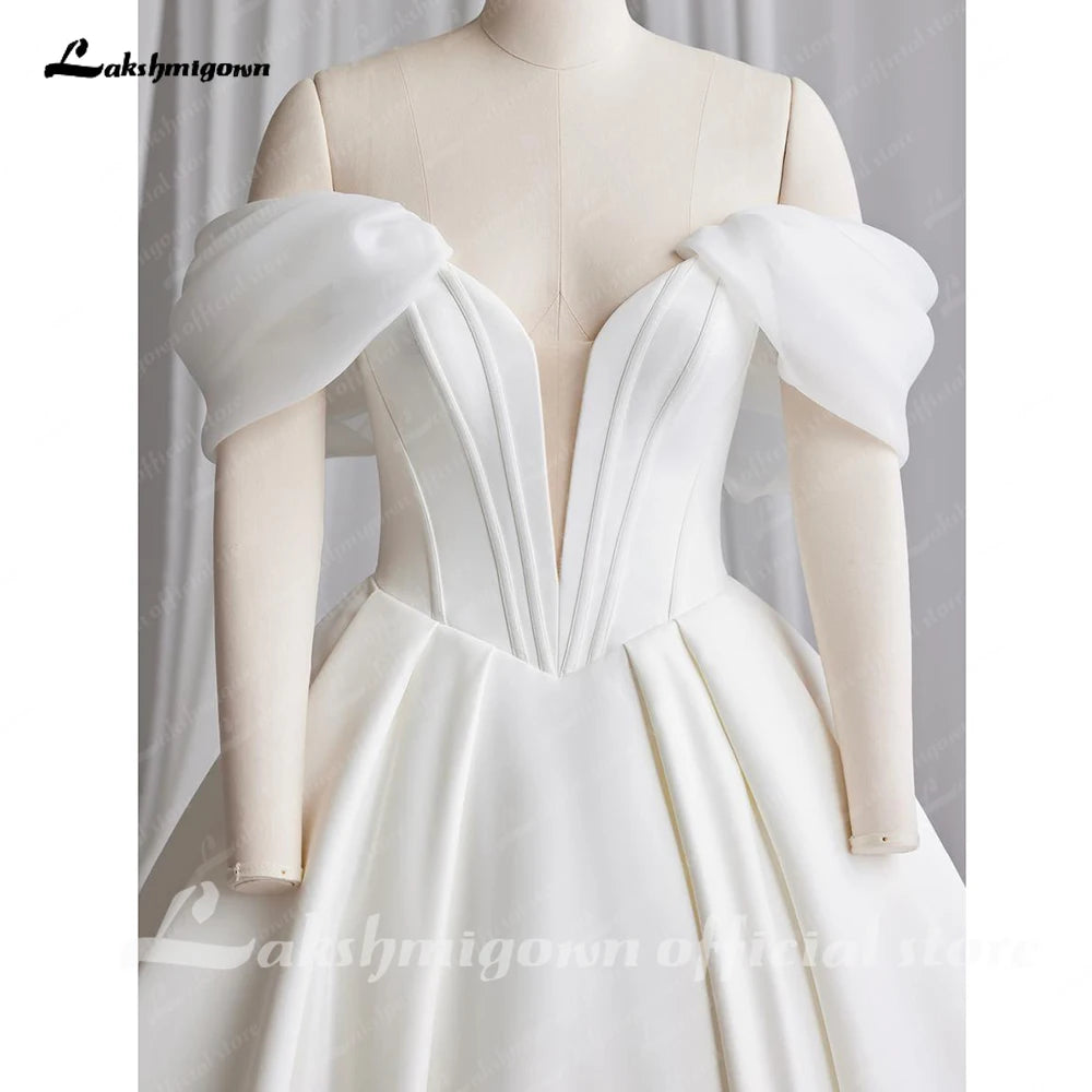 Customized Off Shoulder Crepe Satin A Line Floor Length Wedding Dress