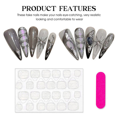 10 uñas postizas estilo punk hechas a mano con forma de aguja larga Y2k, parches de uñas postizas grises brillantes con decoración de rayas metálicas. 