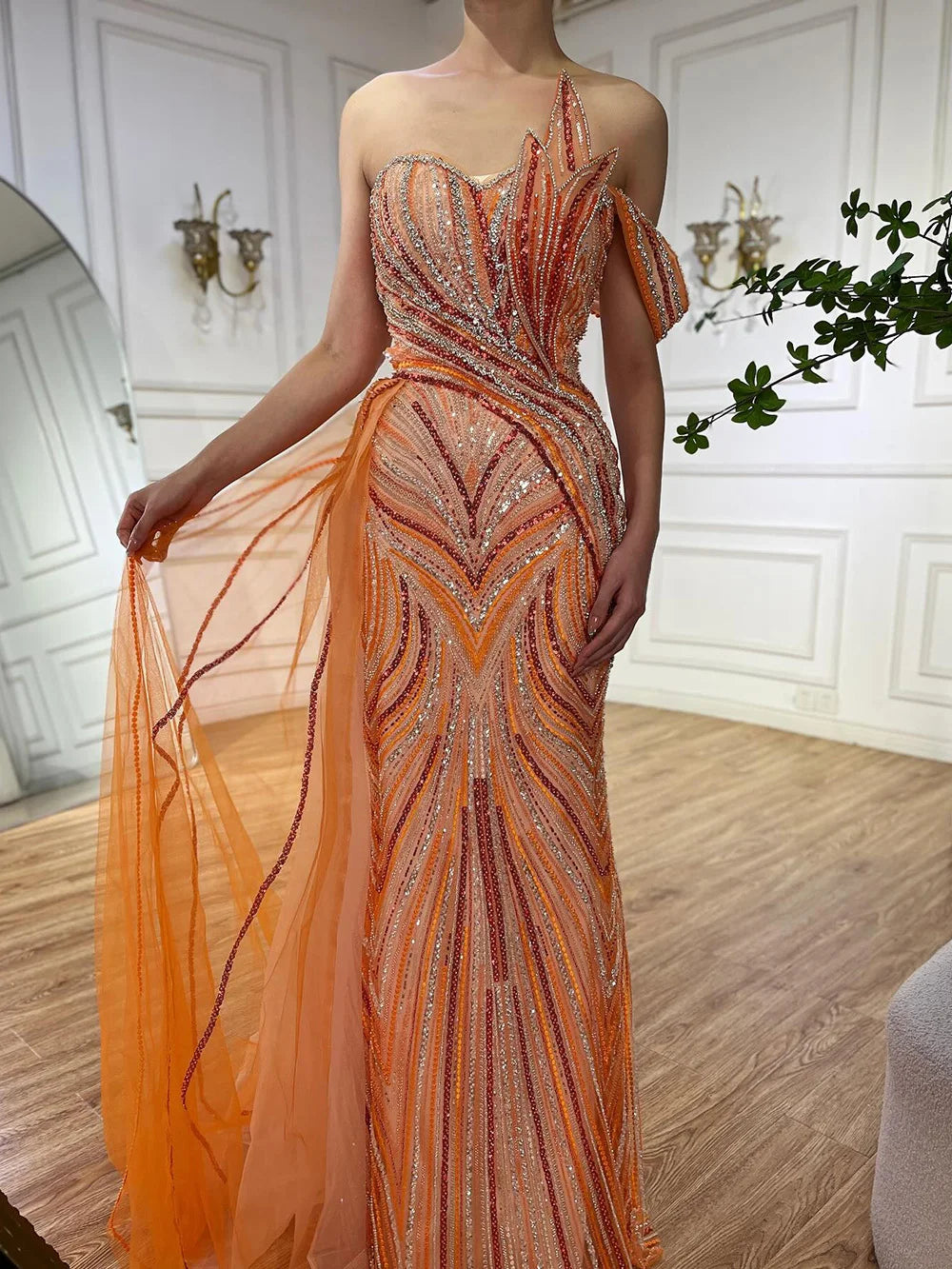 Arabic Blue One Shoulder Evening Gown With Side Overskirt Beaded Dress For Women Party Luxury Dubai LA72662