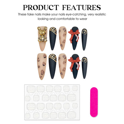 10 uñas postizas con estampado de leopardo, diseño de oso dorado 3D, lazo rojo, estilo barroco, hechas a mano, de lujo, largas y pesadas, con punta de aguja. 