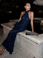 Sexy Halter Backless Long Dress Women Solid Sequin Sleeveless High Waist Slim Fit Dresses 2025 Lady Chic New Evening Party Robes