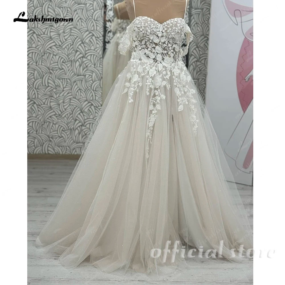 Lakshmigown Off The Shoulder Champagne Wedding Dress Lace Applique Custom