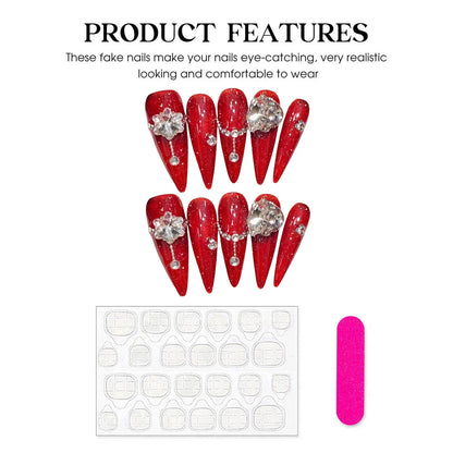 10 uñas postizas rojas hechas a mano, largas, estilo punk, con diseño de flores de diamante brillante Y2K, parches para uñas postizas. 
