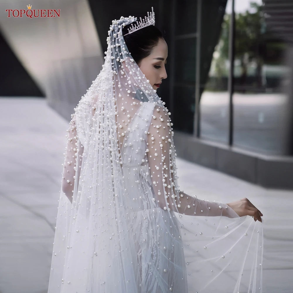 Luxury Pearl Embellished Cathedral Bridal Wedding Veil With Custom Length