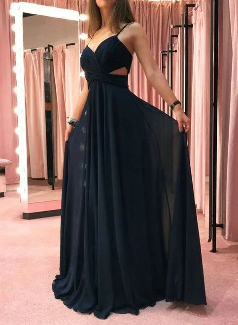 Vestido longo de baile simples de chiffon preto com alças finas S6167