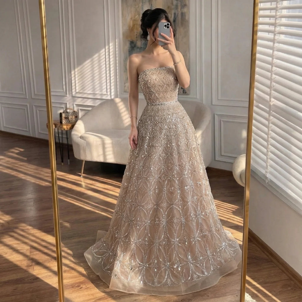 Serene Hill Caramel Strapless Beaded A Line Evening Prom Dress