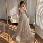 Serene Hill Caramel Strapless Beaded A Line Evening Prom Dress