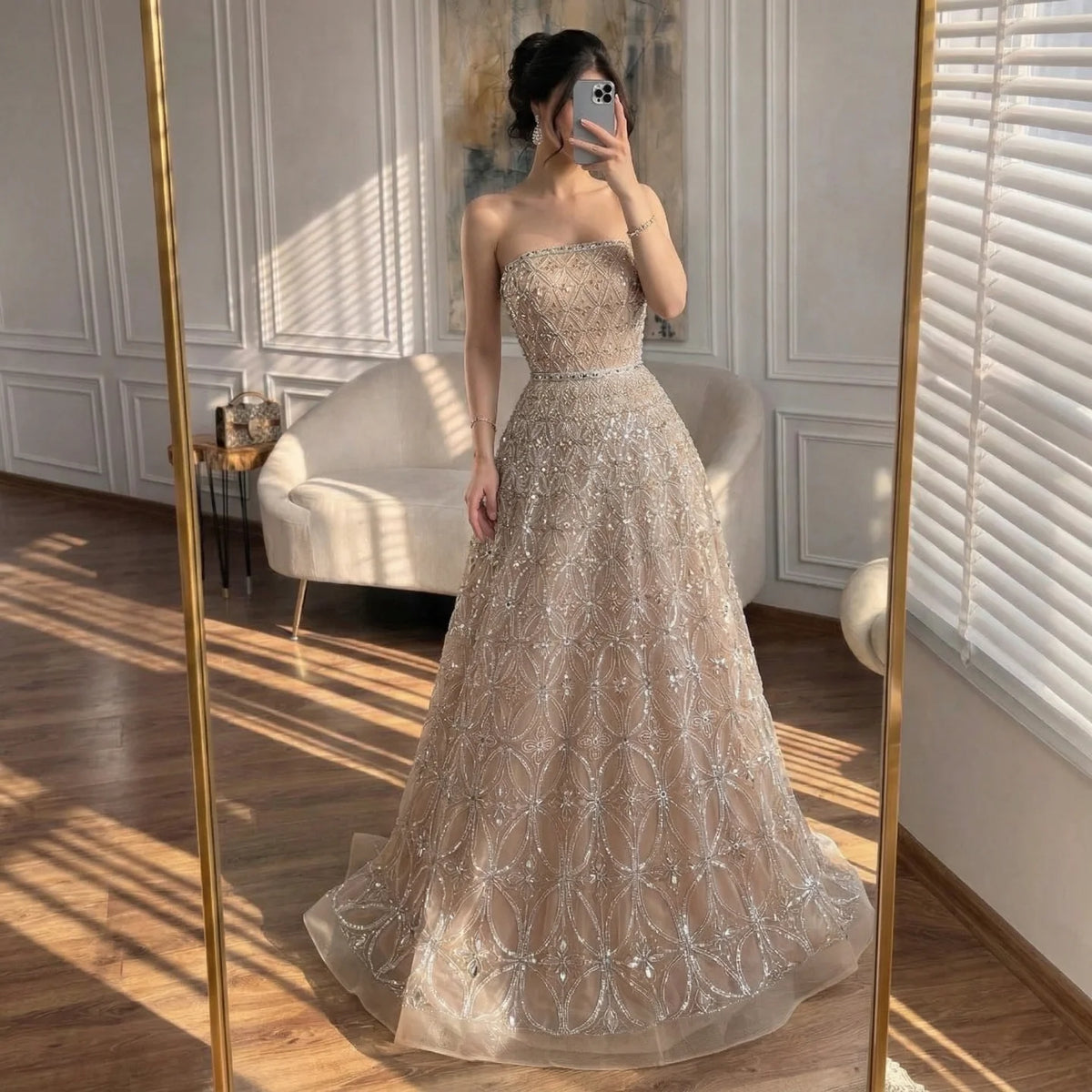 Serene Hill Caramel Strapless Beaded A Line Evening Prom Dress