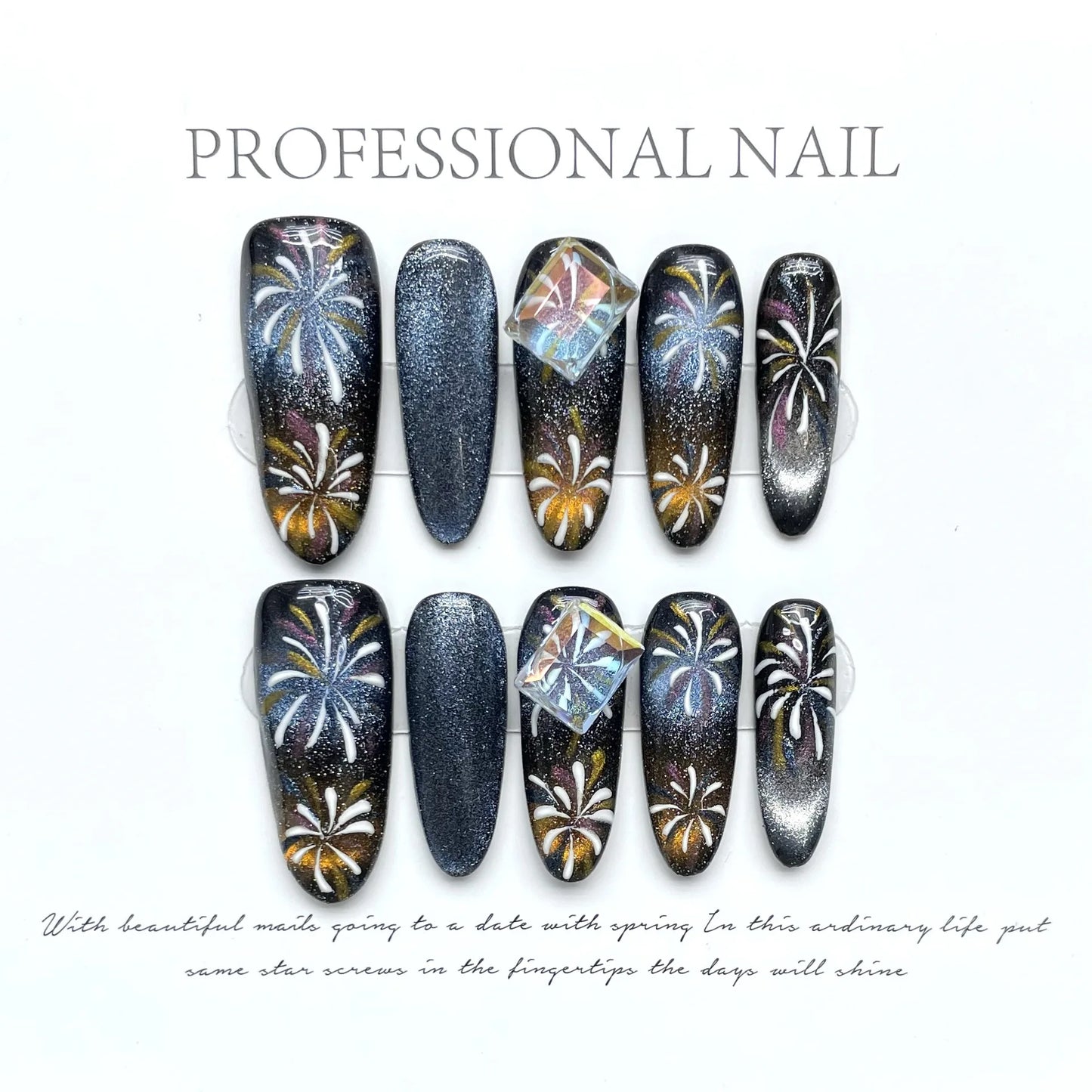 New Handmade Phantom Gradient Cat Eye Flash Aurora rainbow Fireworks New Year Hand Painted Long Oval False Nails