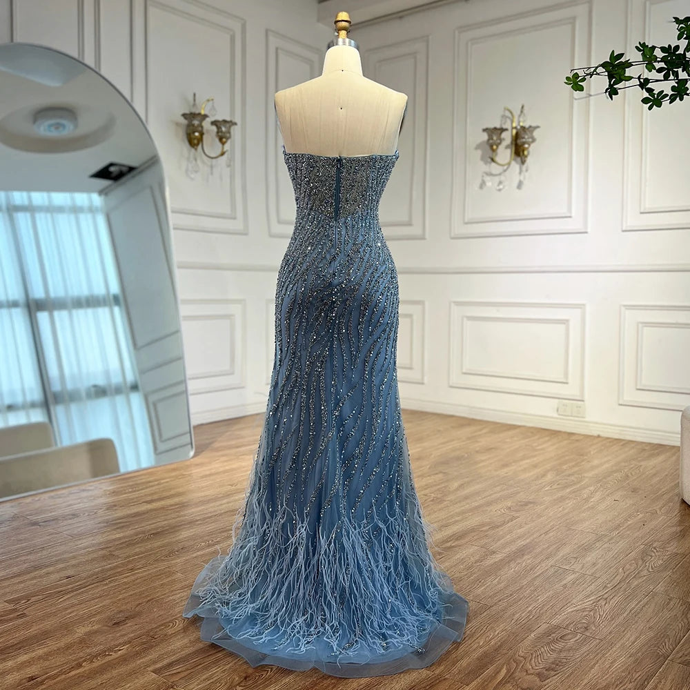 Serene Hill Custom Blue Strapless Evening Gown For Women With Beaded Feathers