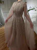 Customized Blue Beaded A Line Cape Sleeve Formal Evening Dress For Women