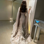 Champagne Mermaid Cape Sleeves Beaded Satin Evening Gown For Party Custom