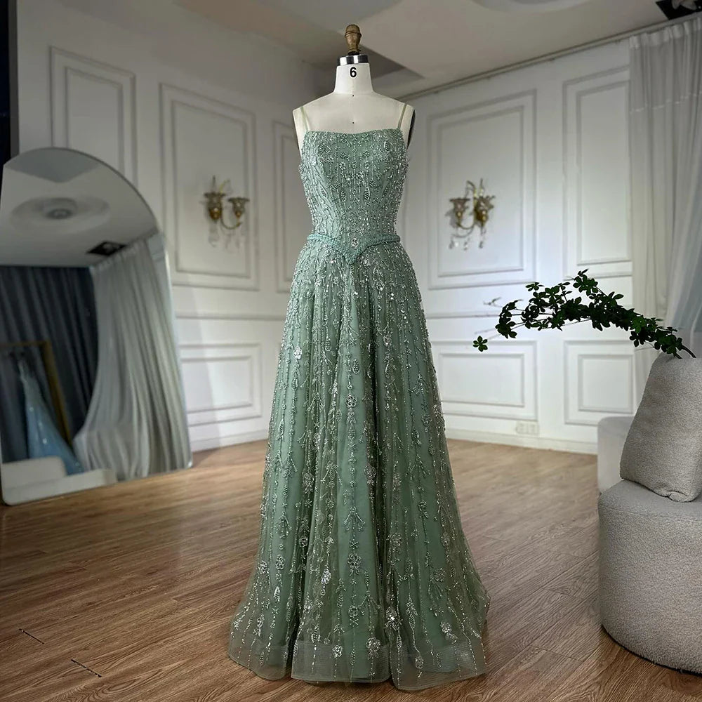 Luxury Sage Green Beaded A-Line Spaghetti Strap Evening Dress LA72805