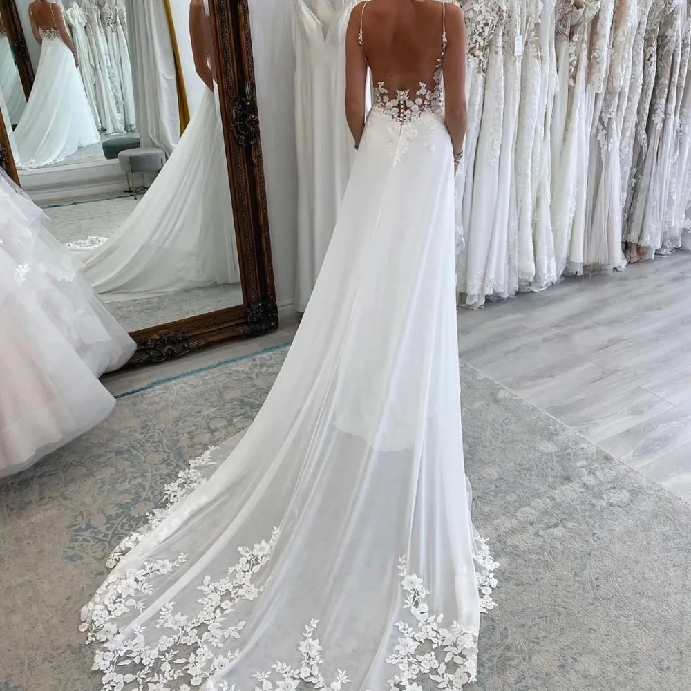 Boho Beach A Line Chiffon Wedding Dress With V Neck And Spaghetti Straps