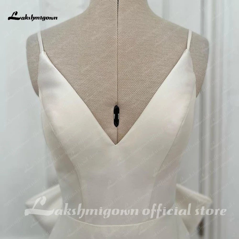 Lakshmigown Satin Mermaid Wedding Dress Spaghetti Straps Backless Bow