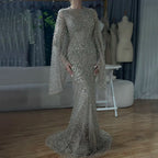 Custom Caramel Beaded Mermaid Evening Gown Flared Sleeves Party Dress