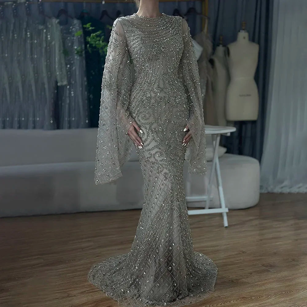 Custom Caramel Beaded Mermaid Evening Gown Flared Sleeves Party Dress