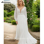 Custom Chiffon Wedding Dress V Neck A Line Bridal Gown With Puff Sleeves