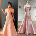 Serene Hill Elegant Red Floral Satin Off Shoulder Evening Gown