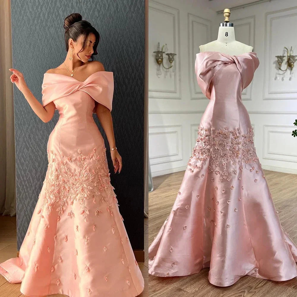 Serene Hill Elegant Red Floral Satin Off Shoulder Evening Gown