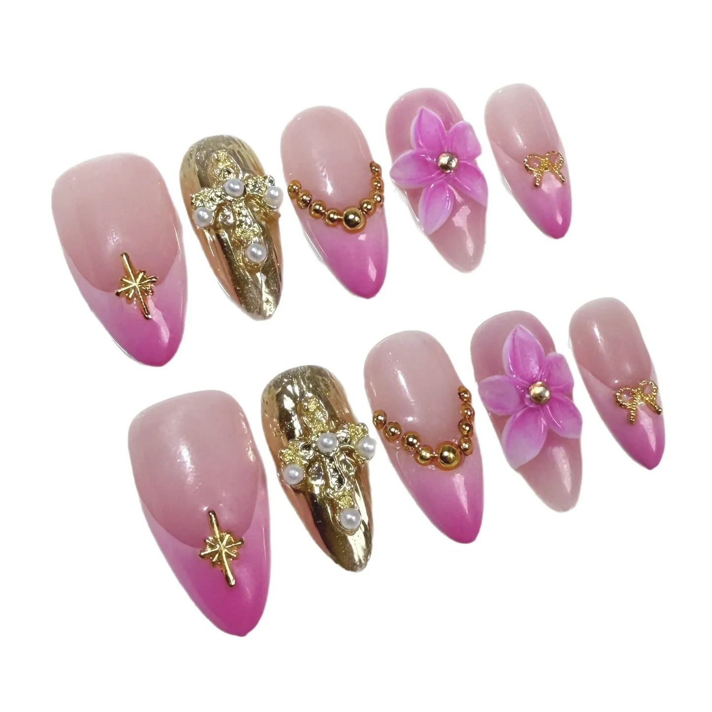 10 uñas postizas estilo francés rosa, talladas a mano, con flores doradas y perlas, con punta de almendra transparente. 