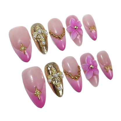 10 uñas postizas estilo francés rosa, talladas a mano, con flores doradas y perlas, con punta de almendra transparente. 