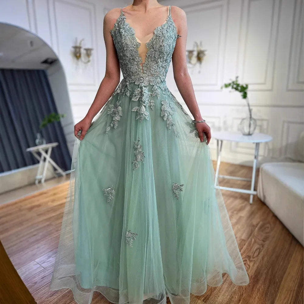 Luxury Sage Green Lace A-Line Prom Dress with Spaghetti Straps LA73005