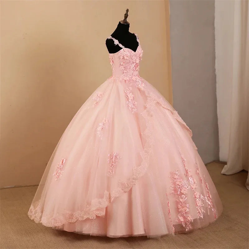 Custom Ball Gown Quinceanera Dress Spaghetti Straps Tulle Appliques Evening Gown