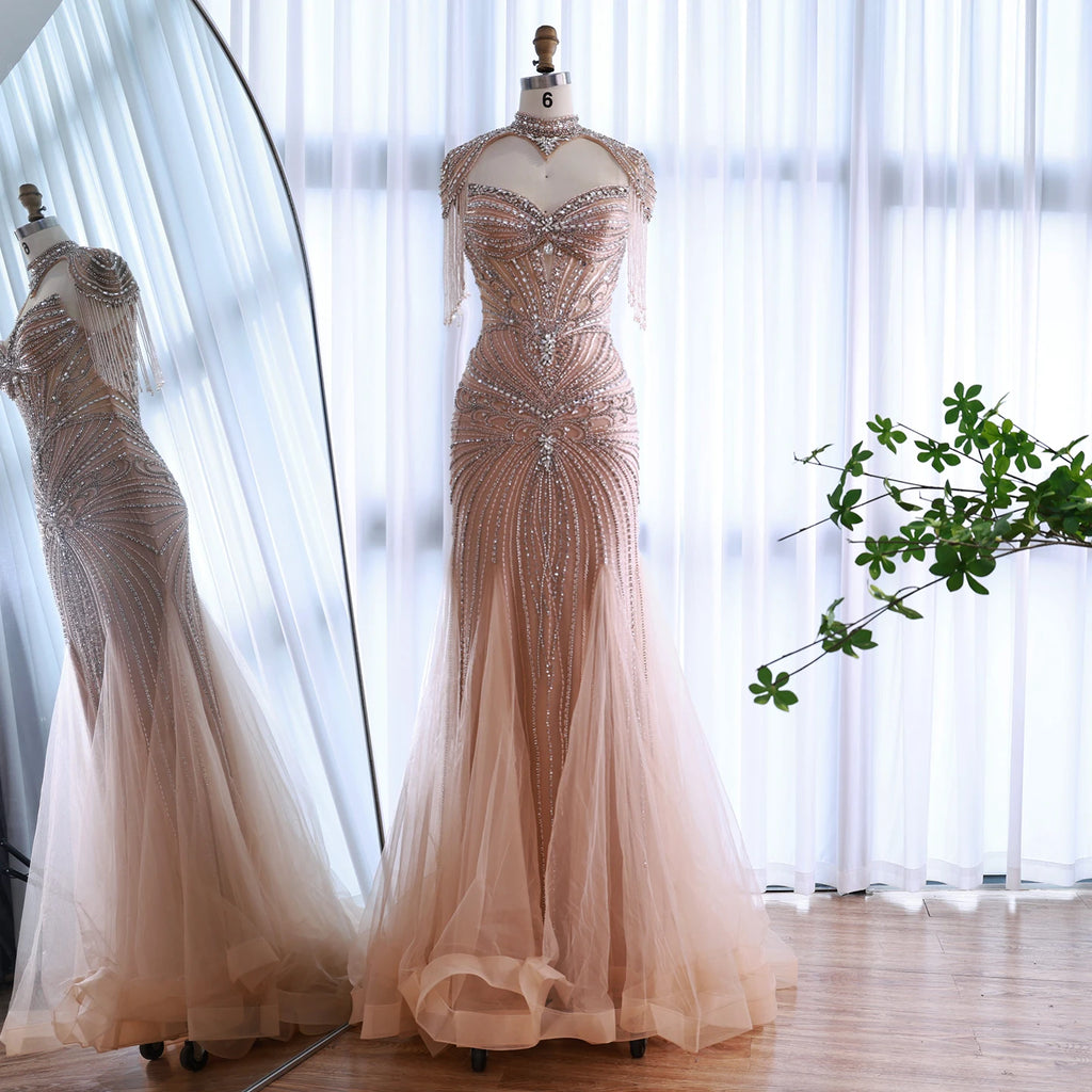 Serene Hill Nude Beaded Evening Dress With Tassel Wedding Gown For Women