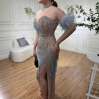 Luxury Silver Nude Mermaid Evening Dress with Beaded Tassel LA72083
