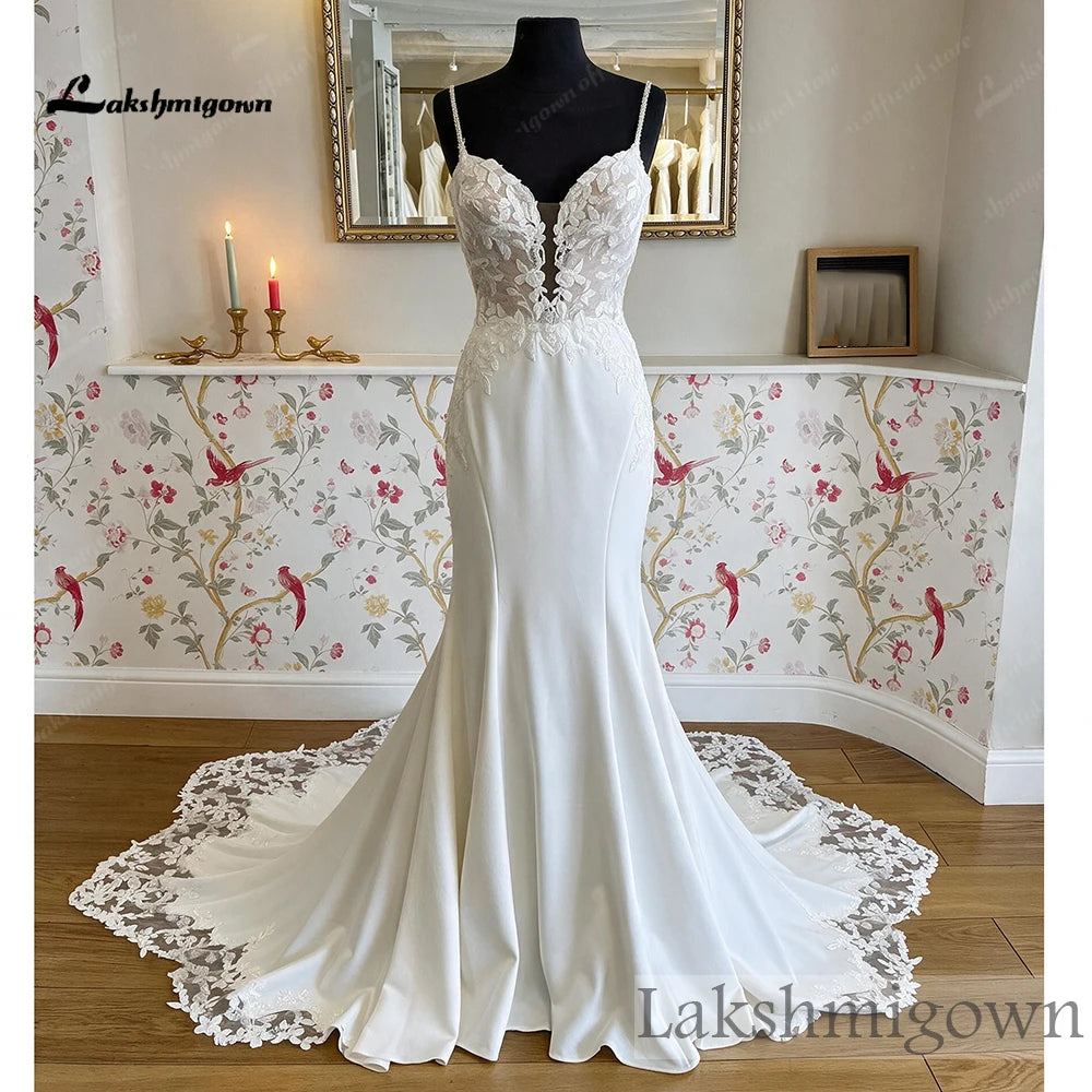 Custom Mermaid Wedding Dress Lace Satin Sweetheart Cathedral Gown