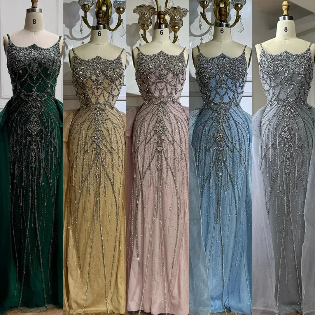 Pink Mermaid Evening Gown For Women With Beaded Spaghetti Strap And Overskirt