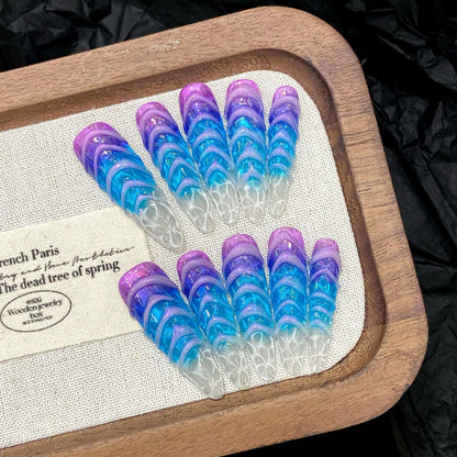 10 uñas postizas hechas a mano con degradado azul y morado, ondas de agua 3D, estilo francés, cielo estrellado, largas, bailarinas. 