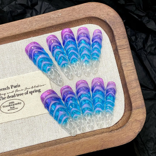 10 uñas postizas hechas a mano con degradado azul y morado, ondas de agua 3D, estilo francés, cielo estrellado, largas, bailarinas. 