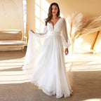 Plus Size Chiffon Wedding Dress With Long Sleeve V Neck And Open Back