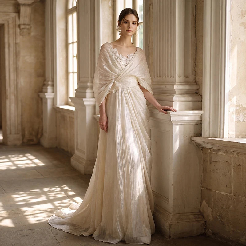Boho V Neck Wedding Dress Batwing Sleeve Draped Ruched A Line Bridal Gown