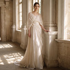 Boho V Neck Wedding Dress Batwing Sleeve Draped Ruched A Line Bridal Gown
