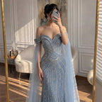 Serene Hill Dusty Blue Off Shoulder Beaded Mermaid Custom Evening Gown
