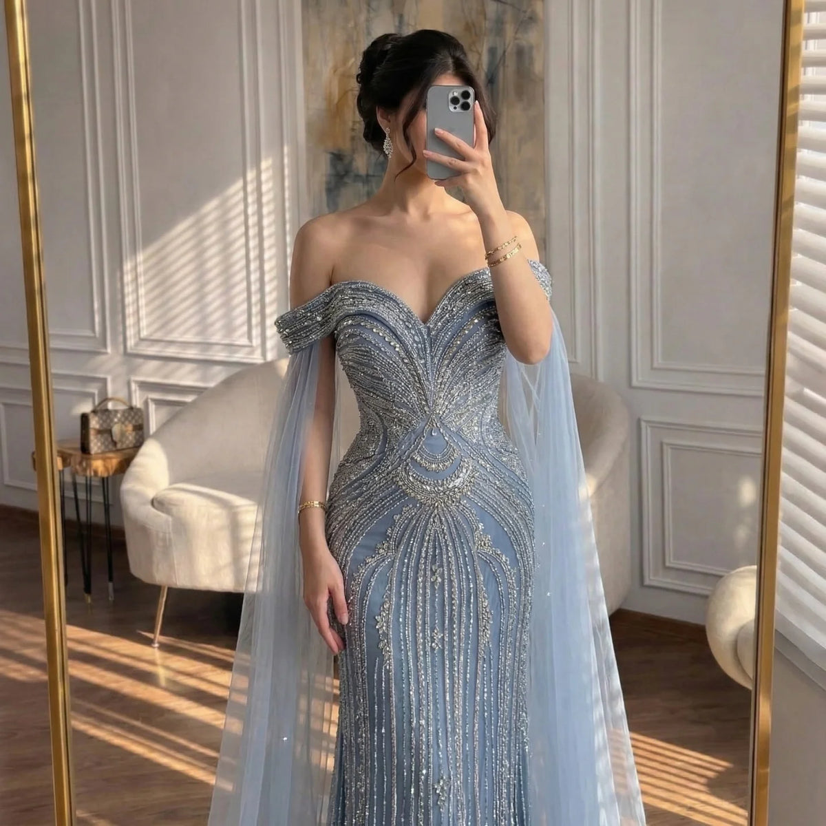 Serene Hill Dusty Blue Off Shoulder Beaded Mermaid Custom Evening Gown