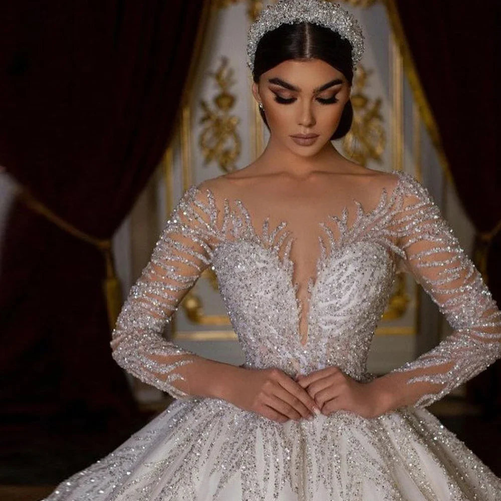 Custom Long Sleeve Sequined Princess Ball Gown Wedding Dress