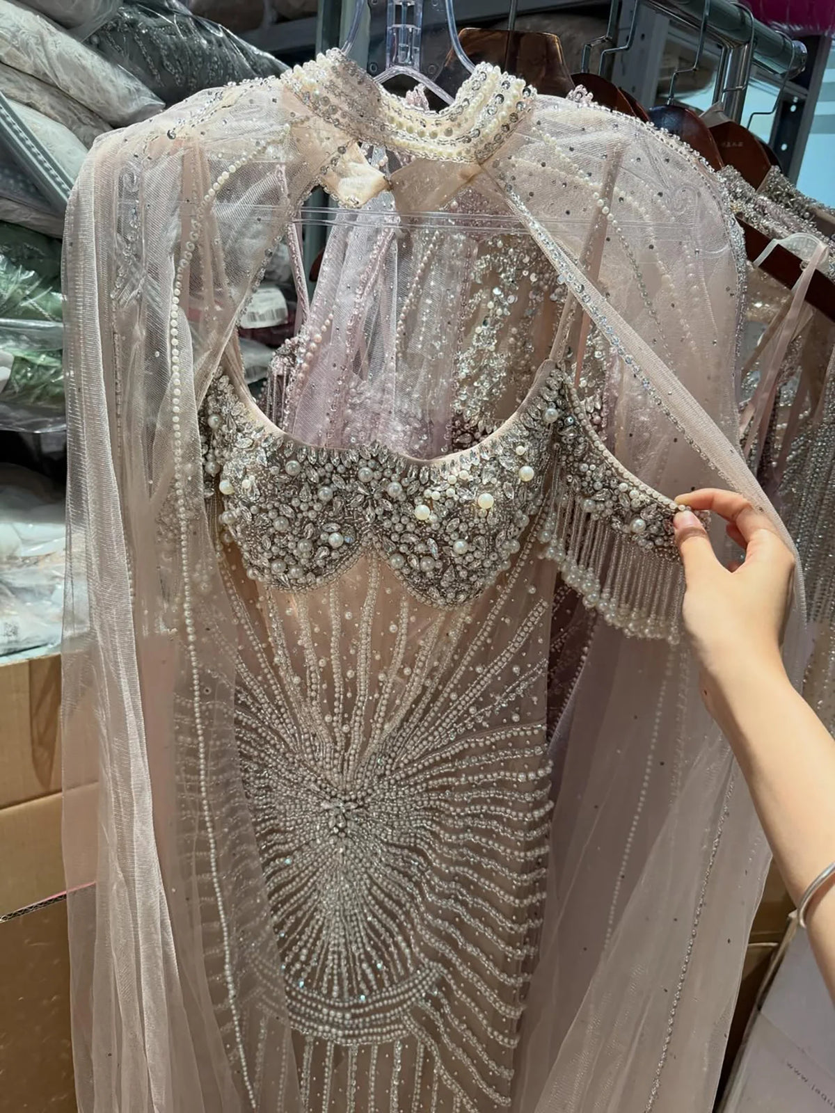 Serene Hill Caramel Pearl Beaded Mermaid Evening Gown With Sheer Cape