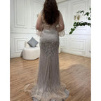Custom Silver Beaded Mermaid Evening Dress With Full Sleeves For Women