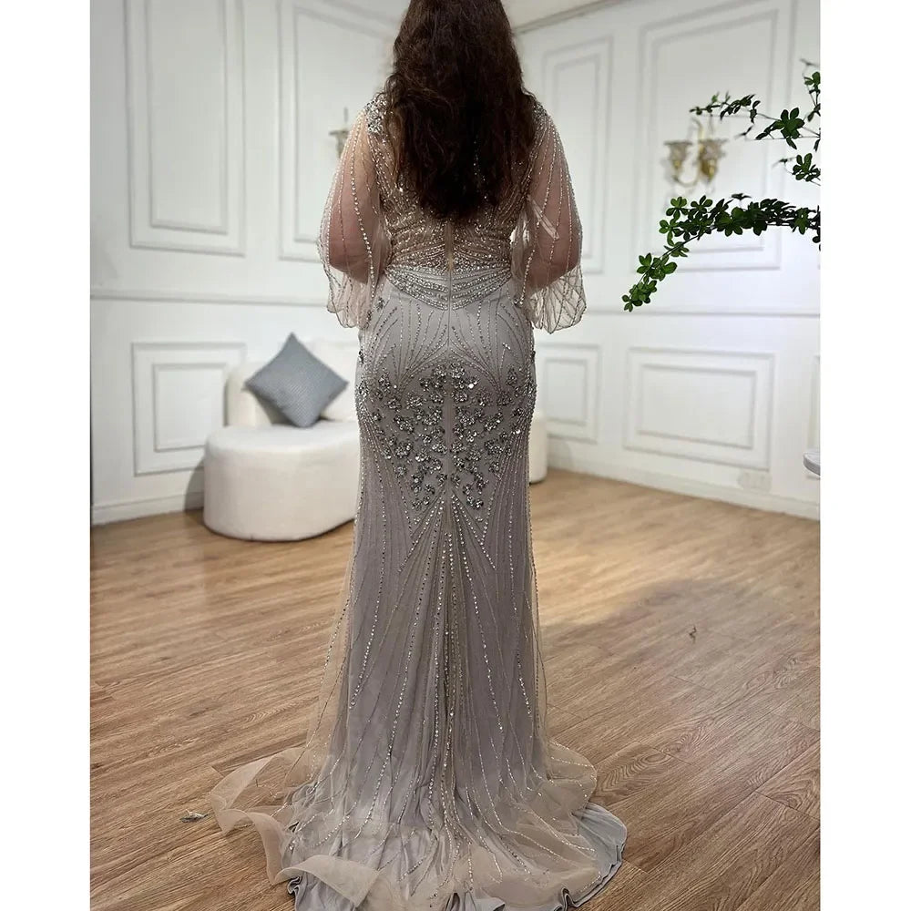 Custom Silver Beaded Mermaid Evening Dress With Full Sleeves For Women