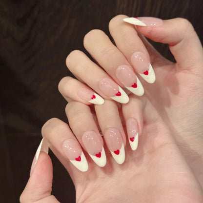 10 uñas postizas francesas con borde blanco, diseño simple de corazón rojo, hechas a mano, de almendra dulce, para niñas. 