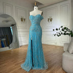 Light Blue Off Shoulder Mermaid Evening Dress Custom Beaded Party Gown Women