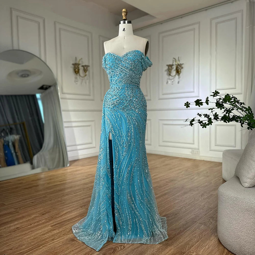 Light Blue Off Shoulder Mermaid Evening Dress Custom Beaded Party Gown Women