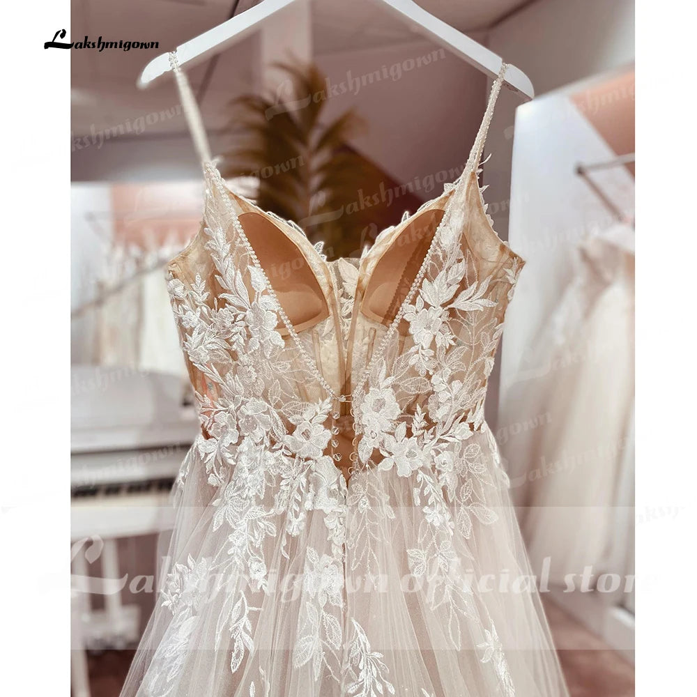 Custom Made Spaghetti Strap Lace Wedding Dress Bohemian Open Back Bridal Gown