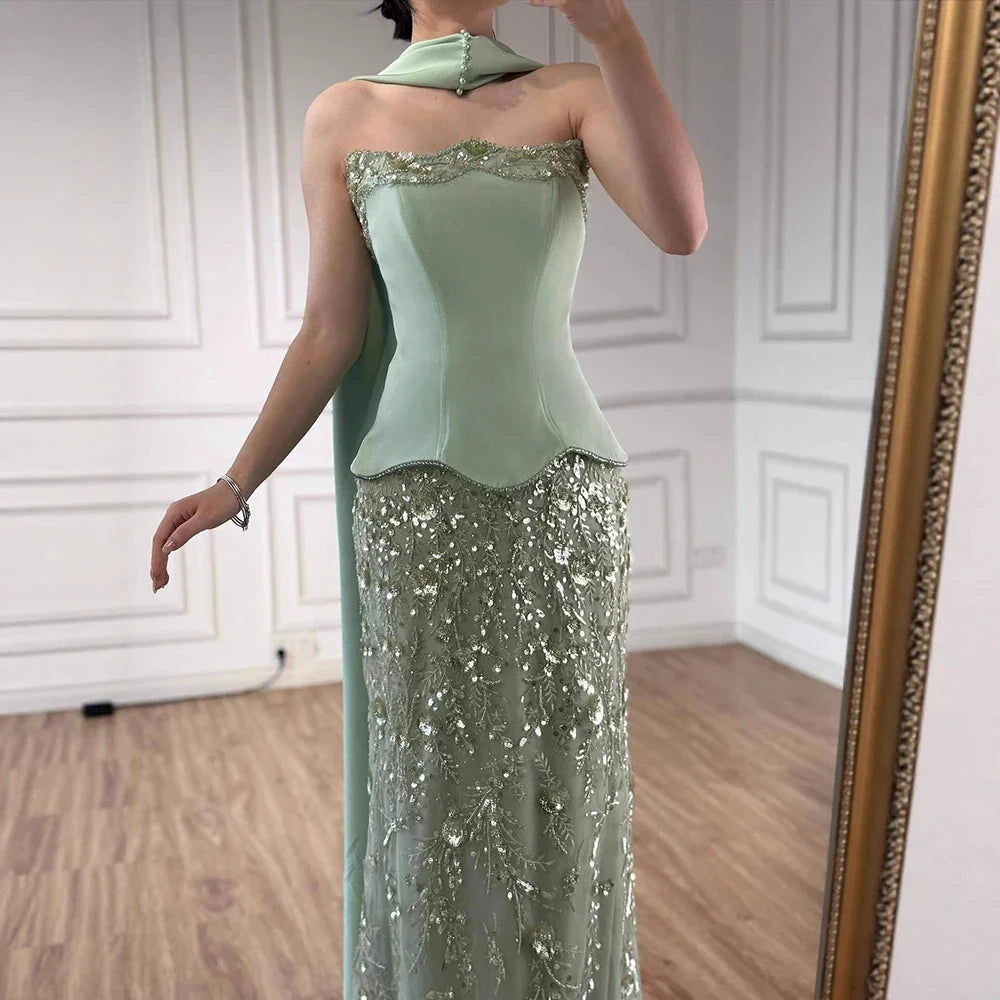 Luxury Sage Green   Beaded Mermaid Evening Dress LA73050C